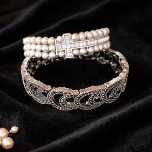 Elegant Silver Cross Beaded Bracelet  & Black Sparkly Braceket Set (2)